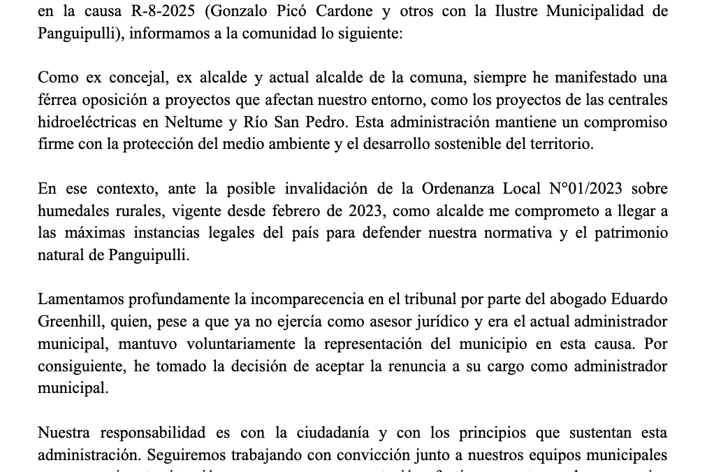 Alcalde Rodrigo Valdivia Orias acepta renuncia de ex asesor jurídico tras incomparecencia en causa ambiental